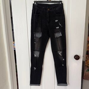 High Rise Distressed Black Jeans